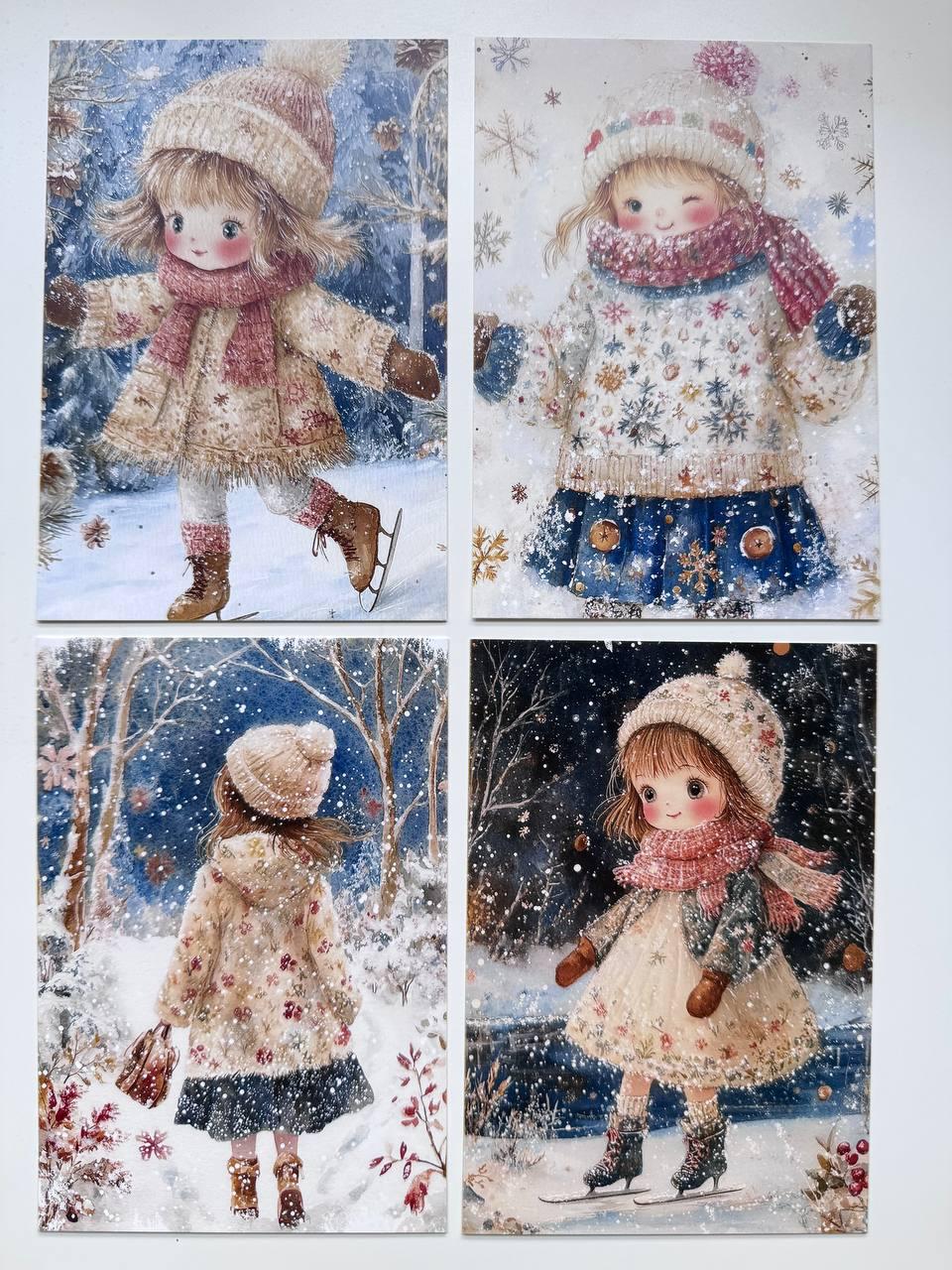 Set of 20 Winter Girl Postcards 14.5 x 10 cm, Cute Snowy Illustration Cards, Christmas Ephemera, Junk Journal Supplies
