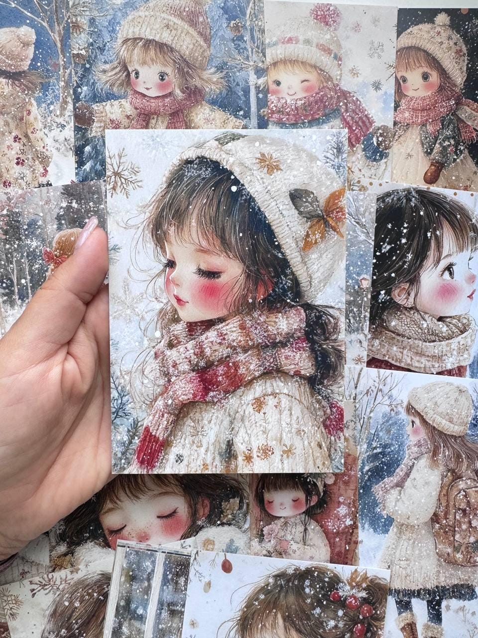 Set of 20 Winter Girl Postcards 14.5 x 10 cm, Cute Snowy Illustration Cards, Christmas Ephemera, Junk Journal Supplies