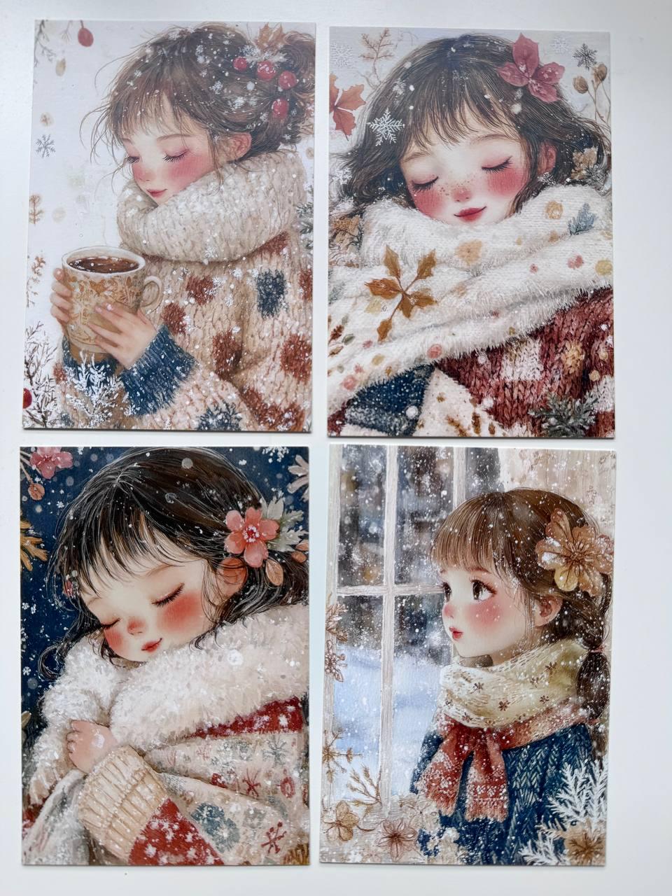 Set of 20 Winter Girl Postcards 14.5 x 10 cm, Cute Snowy Illustration Cards, Christmas Ephemera, Junk Journal Supplies