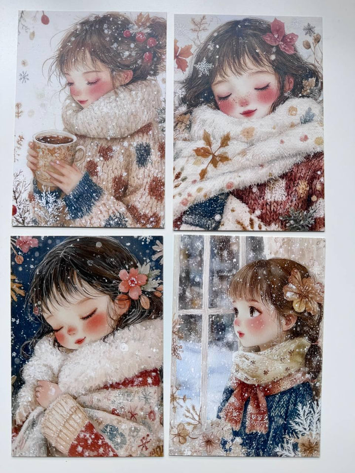 Set of 20 Winter Girl Postcards 14.5 x 10 cm, Cute Snowy Illustration Cards, Christmas Ephemera, Junk Journal Supplies