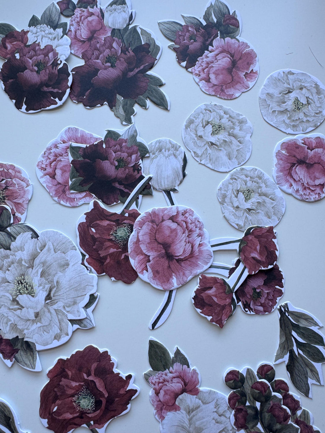 63 Peony Flower Die Cuts, Burgundy Pink Floral Ephemera, Cardstock Flowers, NOT Stickers, No Adhesive, Junk Journal Supplies
