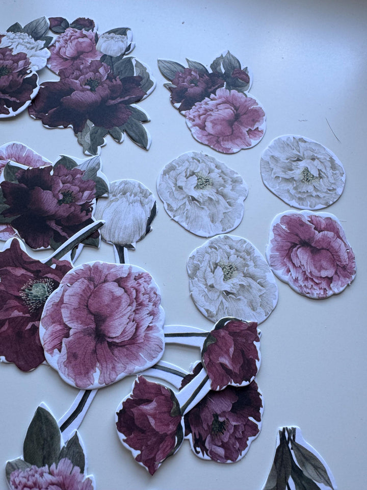 63 Peony Flower Die Cuts, Burgundy Pink Floral Ephemera, Cardstock Flowers, NOT Stickers, No Adhesive, Junk Journal Supplies