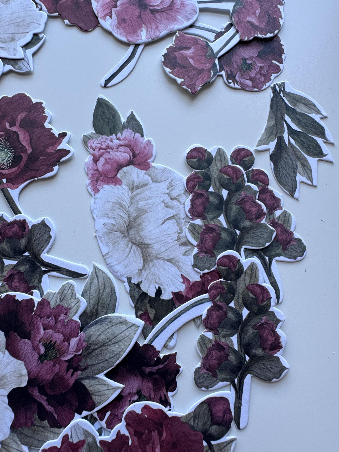 63 Peony Flower Die Cuts, Burgundy Pink Floral Ephemera, Cardstock Flowers, NOT Stickers, No Adhesive, Junk Journal Supplies