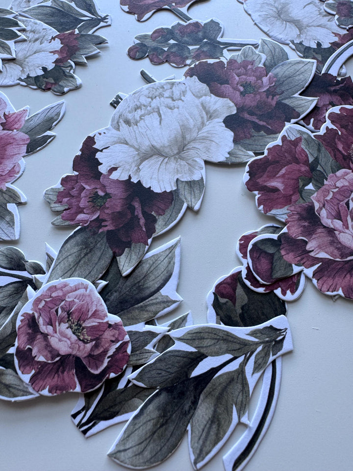63 Peony Flower Die Cuts, Burgundy Pink Floral Ephemera, Cardstock Flowers, NOT Stickers, No Adhesive, Junk Journal Supplies
