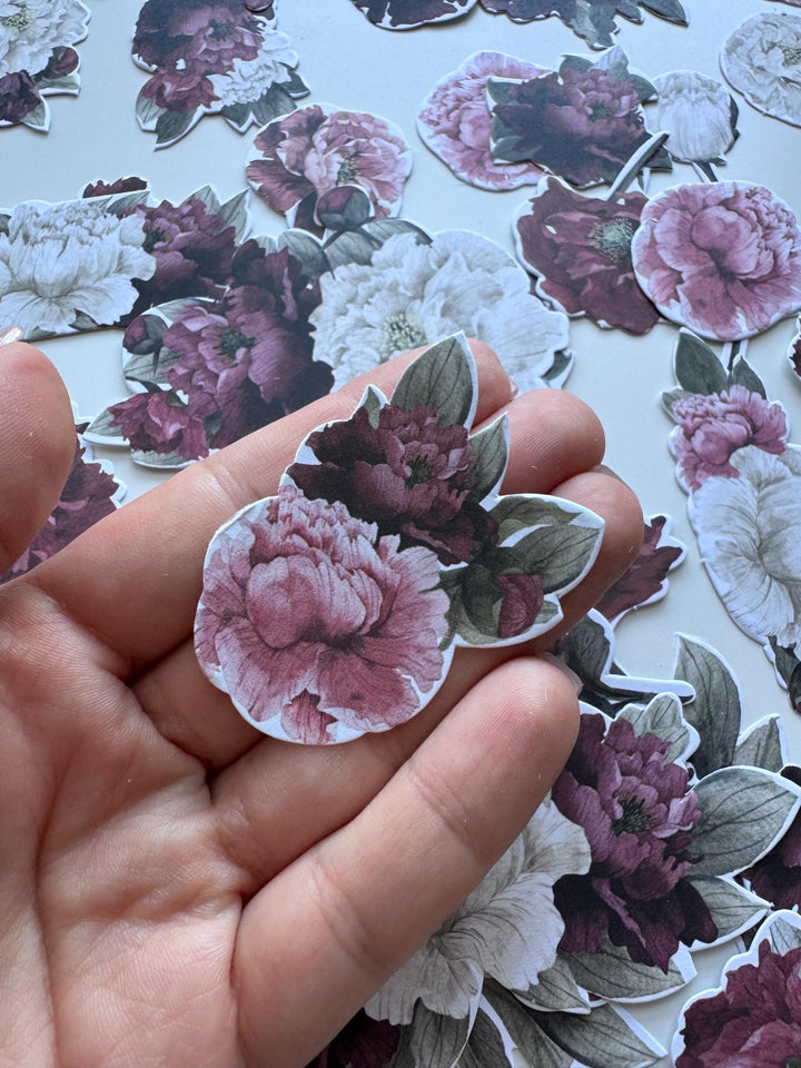 63 Peony Flower Die Cuts, Burgundy Pink Floral Ephemera, Cardstock Flowers, NOT Stickers, No Adhesive, Junk Journal Supplies