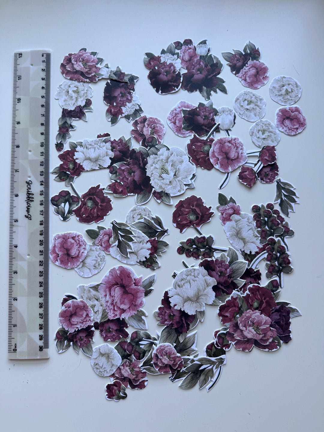 63 Peony Flower Die Cuts, Burgundy Pink Floral Ephemera, Cardstock Flowers, NOT Stickers, No Adhesive, Junk Journal Supplies