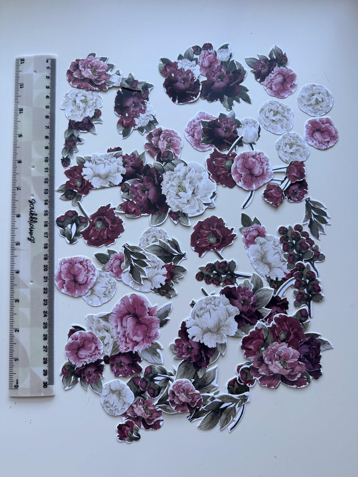 63 Peony Flower Die Cuts, Burgundy Pink Floral Ephemera, Cardstock Flowers, NOT Stickers, No Adhesive, Junk Journal Supplies