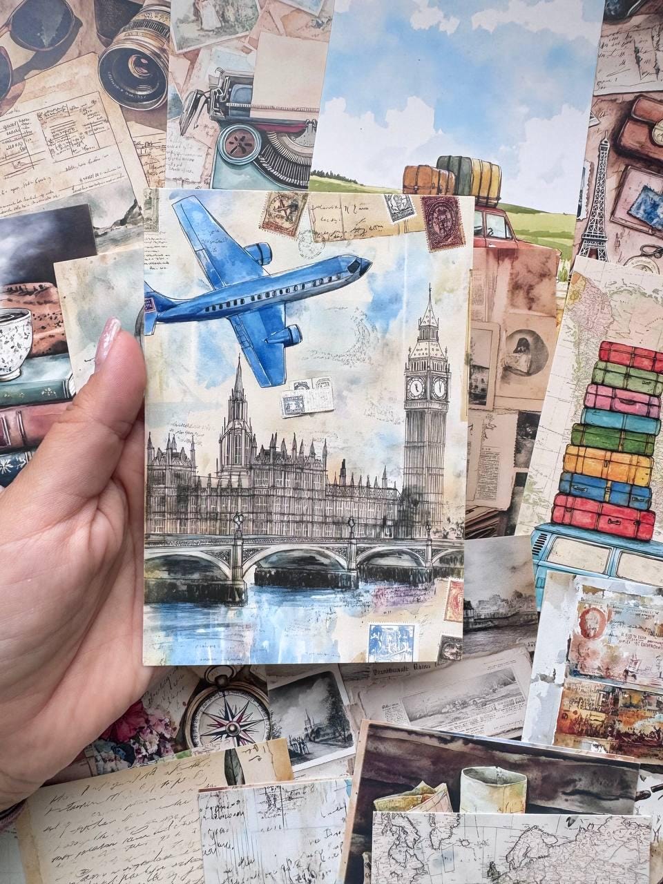 Set of 20 Vintage Travel Postcards 14.5 x 10 cm, Retro Adventure Cards, London Paris Travel Ephemera, Junk Journal Scrapbooking