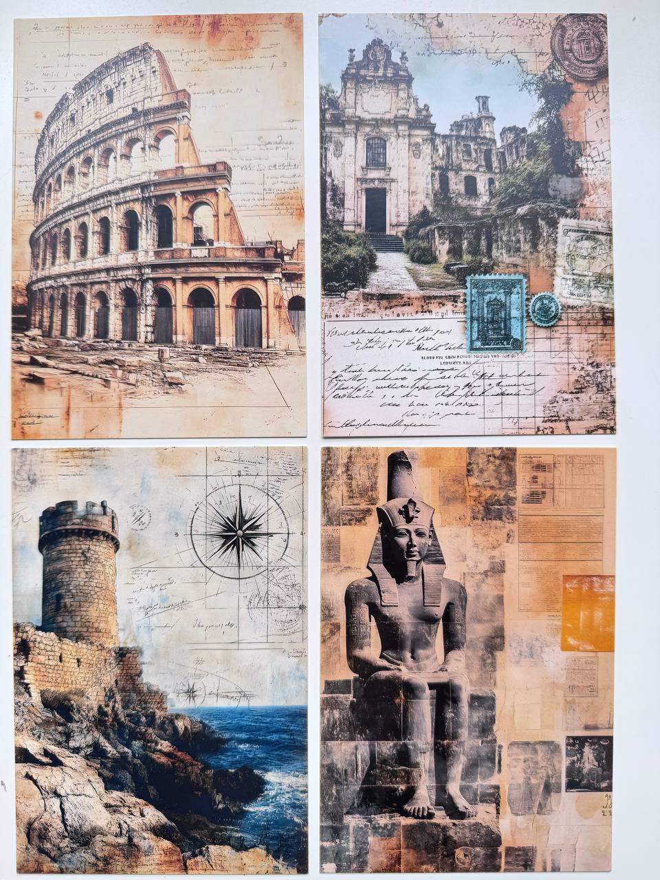 Set of 20 Vintage Travel Postcards 14.5x10 cm, Ancient Architecture & Landmarks, Junk Journal Ephemera, Scrapbooking Paper Cards