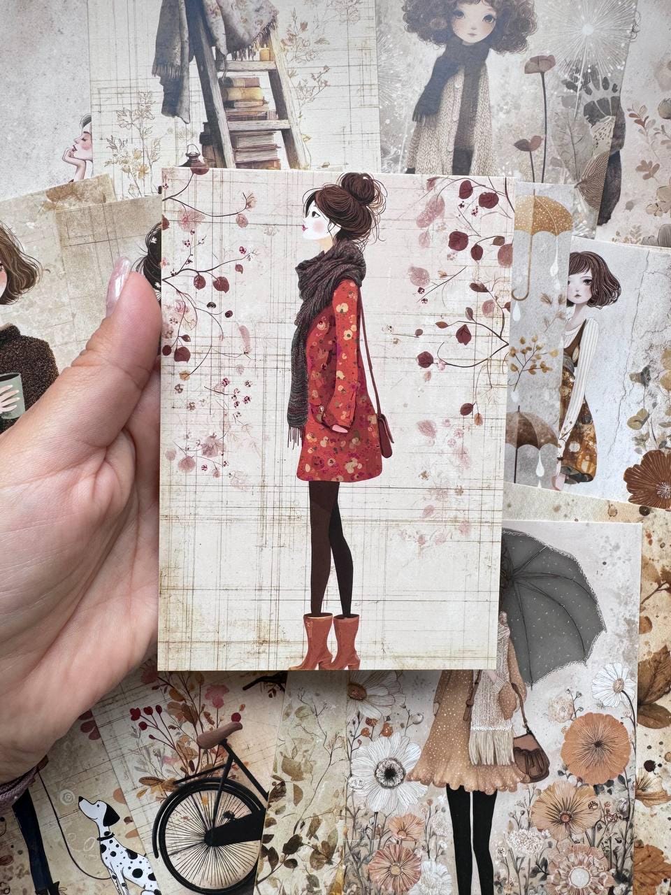 Set of 20 Autumn Girl Postcards 14.5x10 cm, Vintage Fashion Illustrations, Floral Cards, Junk Journal Ephemera, Scrapbooking Supplies