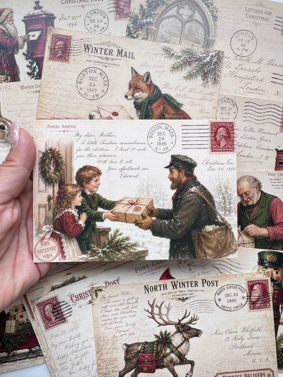Set of 20 Vintage Christmas Postcards 14.5x10 cm, Victorian Winter Mail, Holiday Ephemera, Junk Journal & Scrapbooking Cards