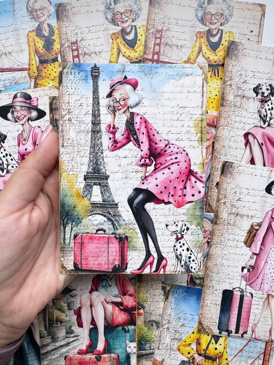 Set of 20 Fashion Travel Postcards 14.5x10 cm, Stylish Grandma Illustrations, Vintage Paris Travel Ephemera, Junk Journal Cards