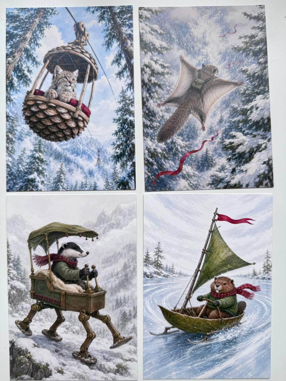 Set of 20 Whimsical Winter Animal Postcards 14.5x10 cm, Woodland Adventure Cards, Fox Rabbit Hedgehog, Junk Journal Scrapbook Ephemera