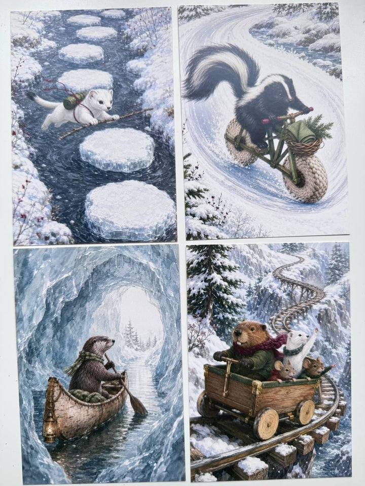 Set of 20 Whimsical Winter Animal Postcards 14.5x10 cm, Woodland Adventure Cards, Fox Rabbit Hedgehog, Junk Journal Scrapbook Ephemera