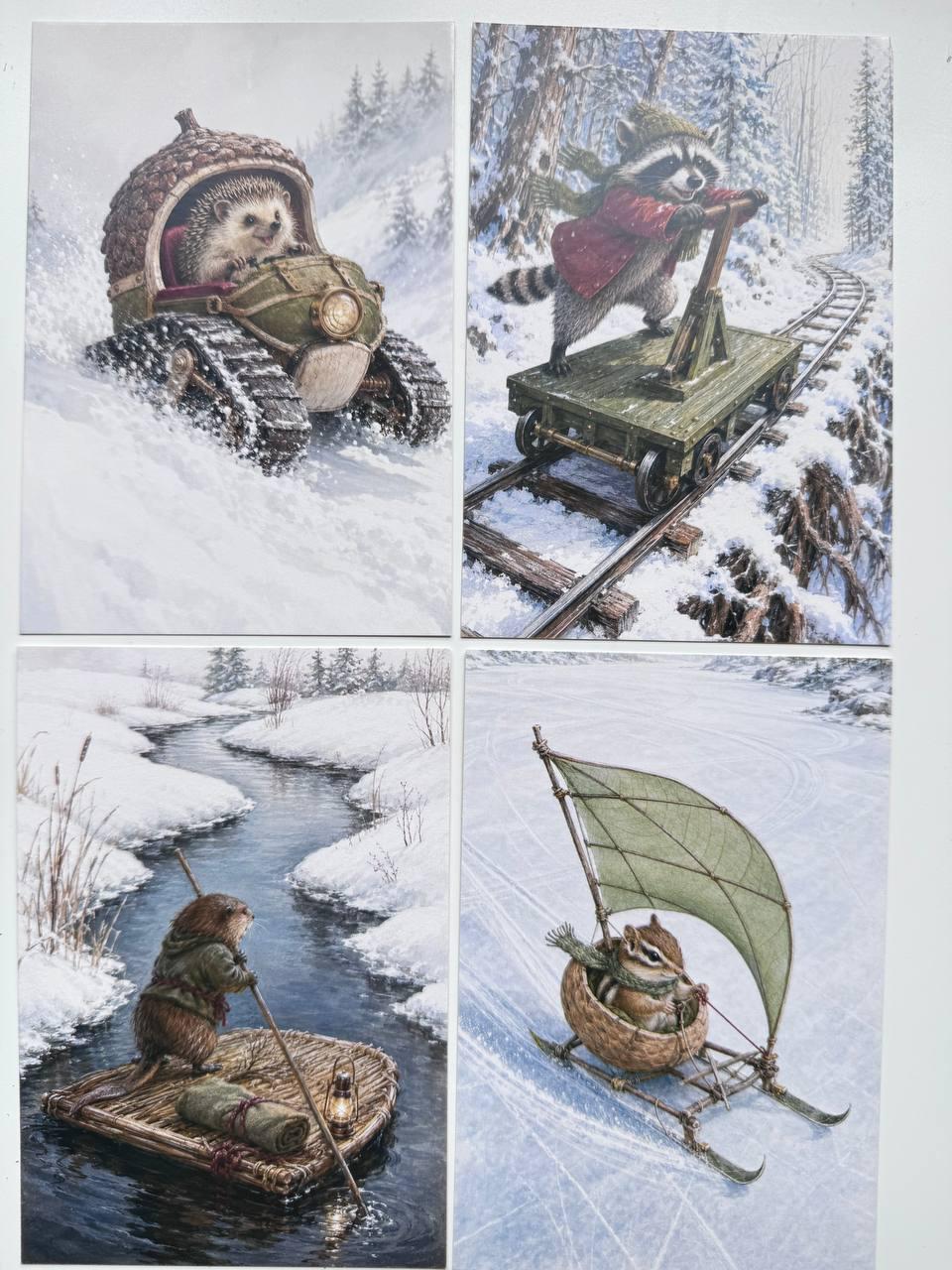 Set of 20 Whimsical Winter Animal Postcards 14.5x10 cm, Woodland Adventure Cards, Fox Rabbit Hedgehog, Junk Journal Scrapbook Ephemera