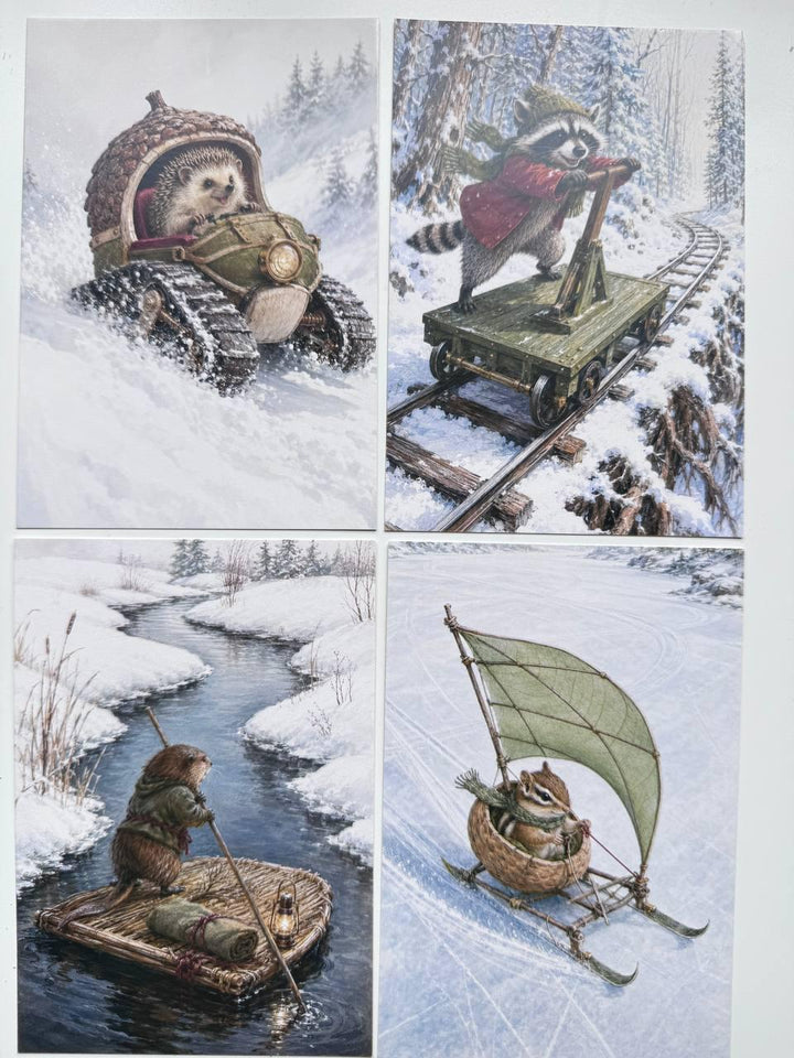 Set of 20 Whimsical Winter Animal Postcards 14.5x10 cm, Woodland Adventure Cards, Fox Rabbit Hedgehog, Junk Journal Scrapbook Ephemera