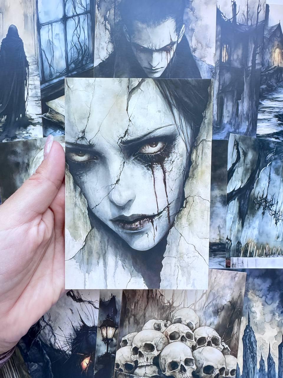 Set of 20 Gothic Horror Postcards 14.5x10 cm, Dark Fantasy Art Cards, Ghost Skull Raven Cemetery, Halloween Junk Journal Ephemera
