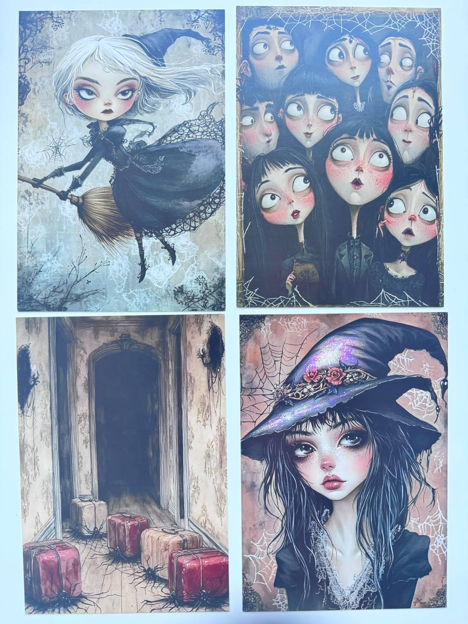 Set of 20 Gothic Halloween Postcards 14.5x10 cm, Spooky Illustration Cards, Ghost Witch Art, Dark Whimsical Ephemera Set