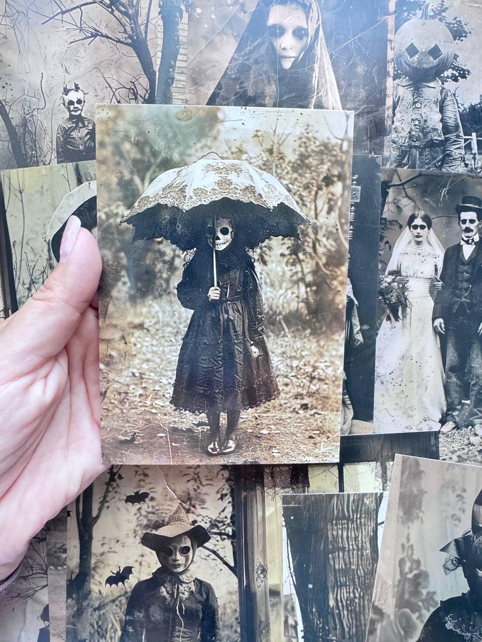 Set of 20 Creepy Vintage Halloween Postcards 14.5x10 cm, Gothic Spooky Photo Cards, Horror Ephemera, Junk Journal Set