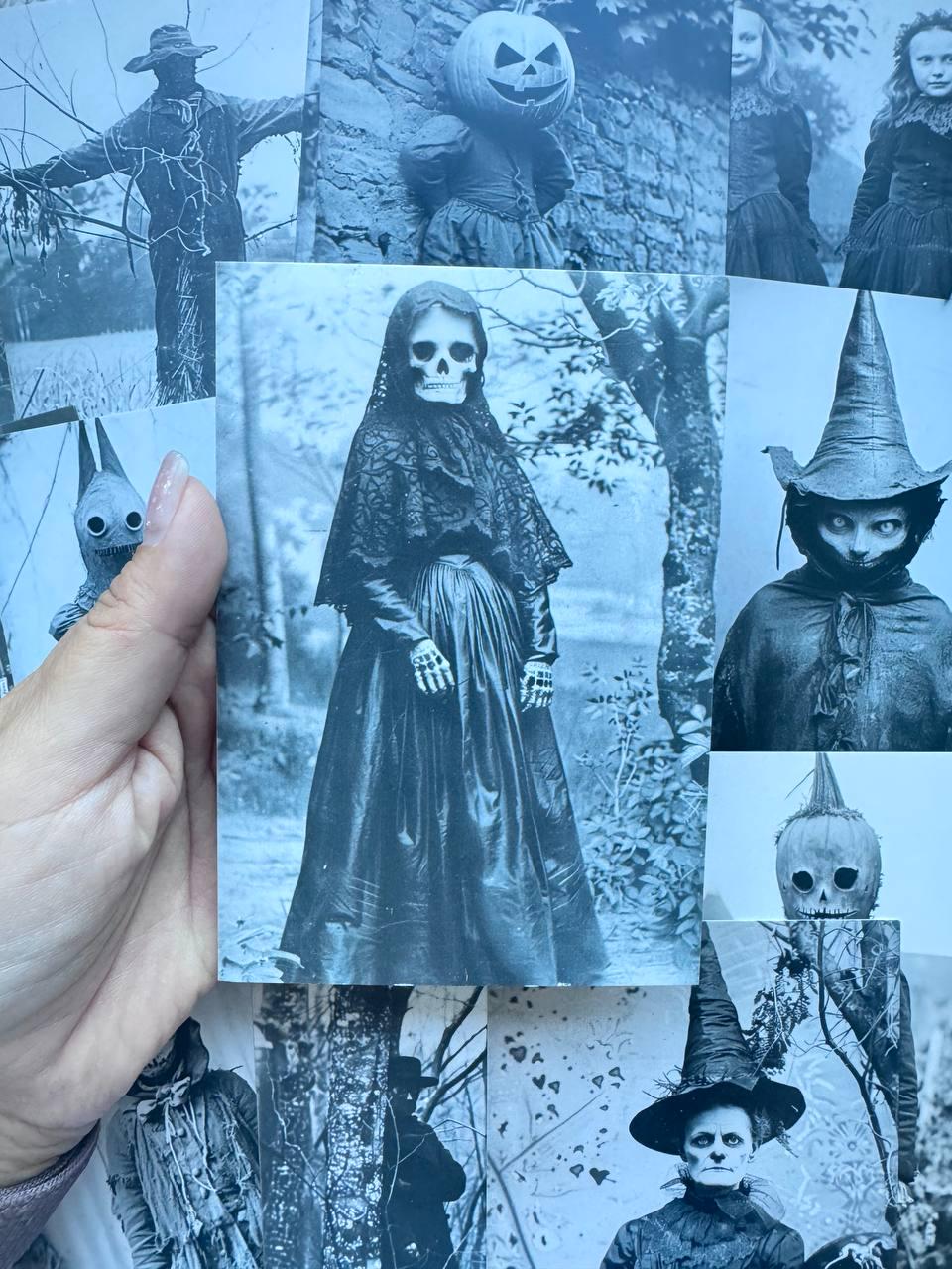 Set of 20 Vintage Halloween Postcards, Creepy Blue Gothic Photo Cards, Spooky Horror Ephemera, Junk Journal Cards 14.5x10 cm