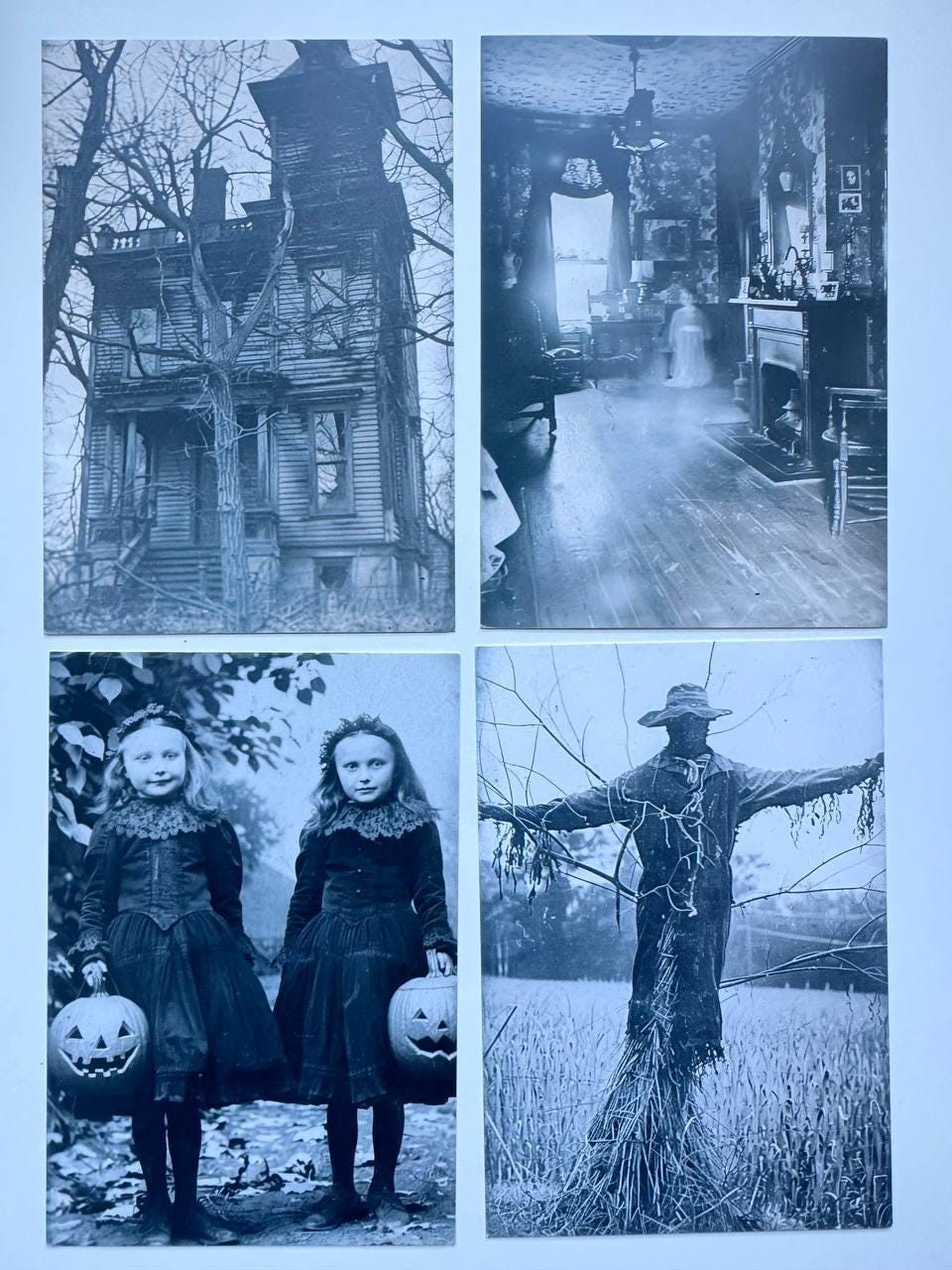 Set of 20 Vintage Halloween Postcards, Creepy Blue Gothic Photo Cards, Spooky Horror Ephemera, Junk Journal Cards 14.5x10 cm