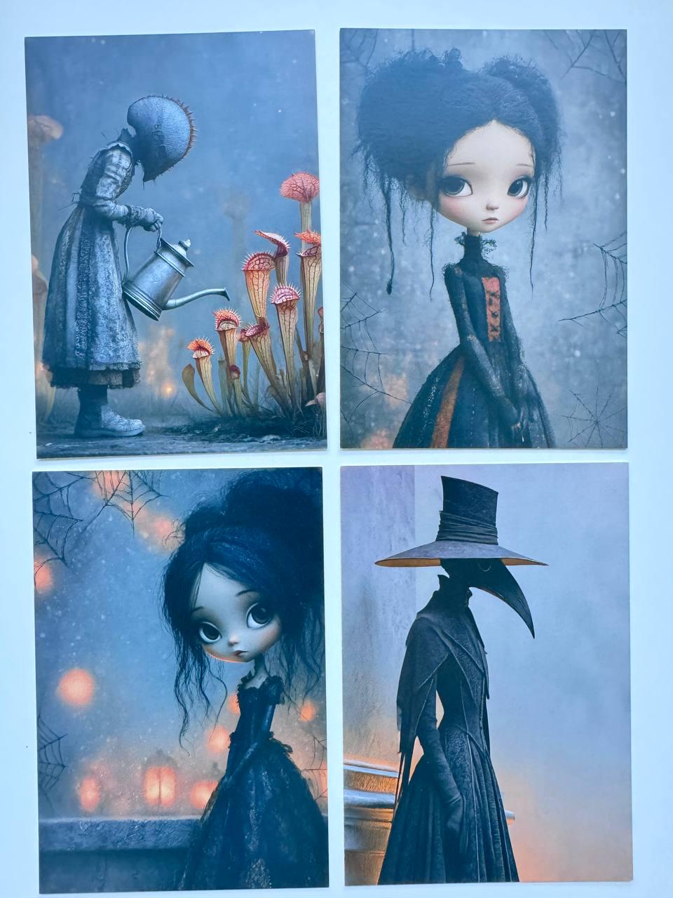Set of 20 Halloween Postcards, Cute Spooky Gothic Art Cards, Whimsical Ghost & Doll Illustrations, Junk Journal Ephemera 14.5x10 cm