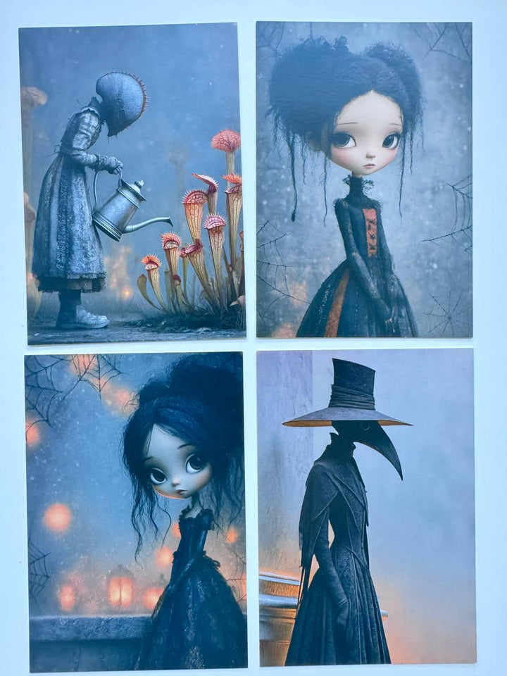 Set of 20 Halloween Postcards, Cute Spooky Gothic Art Cards, Whimsical Ghost & Doll Illustrations, Junk Journal Ephemera 14.5x10 cm