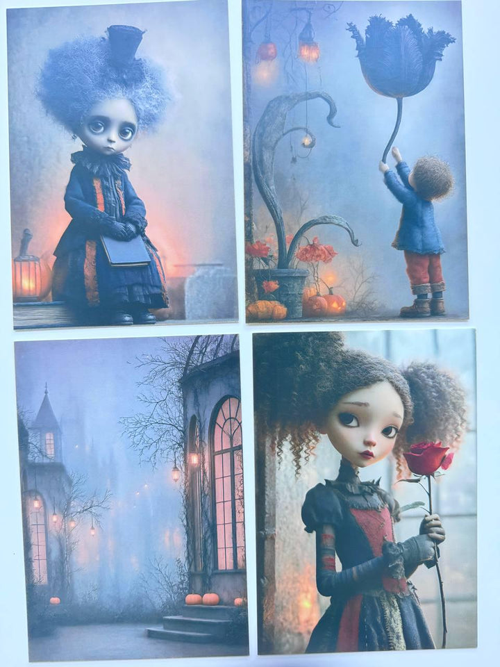 Set of 20 Halloween Postcards, Cute Spooky Gothic Art Cards, Whimsical Ghost & Doll Illustrations, Junk Journal Ephemera 14.5x10 cm