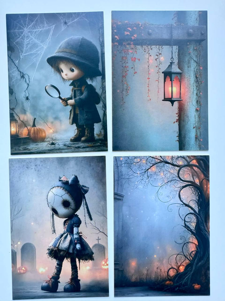 Set of 20 Halloween Postcards, Cute Spooky Gothic Art Cards, Whimsical Ghost & Doll Illustrations, Junk Journal Ephemera 14.5x10 cm