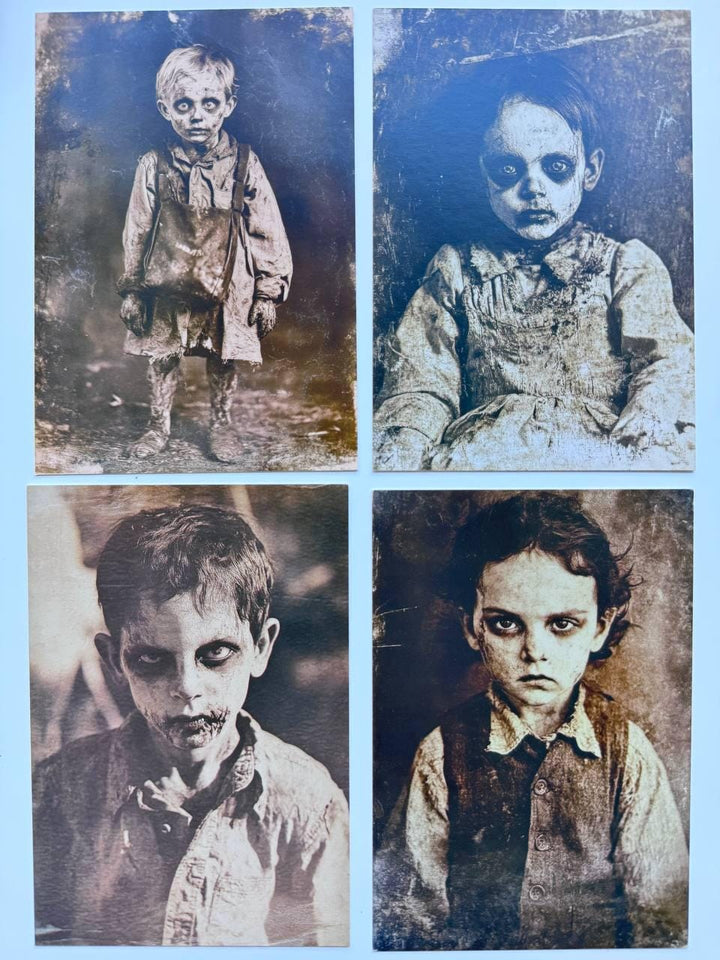 Set of 20 Creepy Halloween Postcards, Gothic Vintage Horror Art Cards, Spooky Children Illustrations, Blank Back, 14.5 x 10 cm