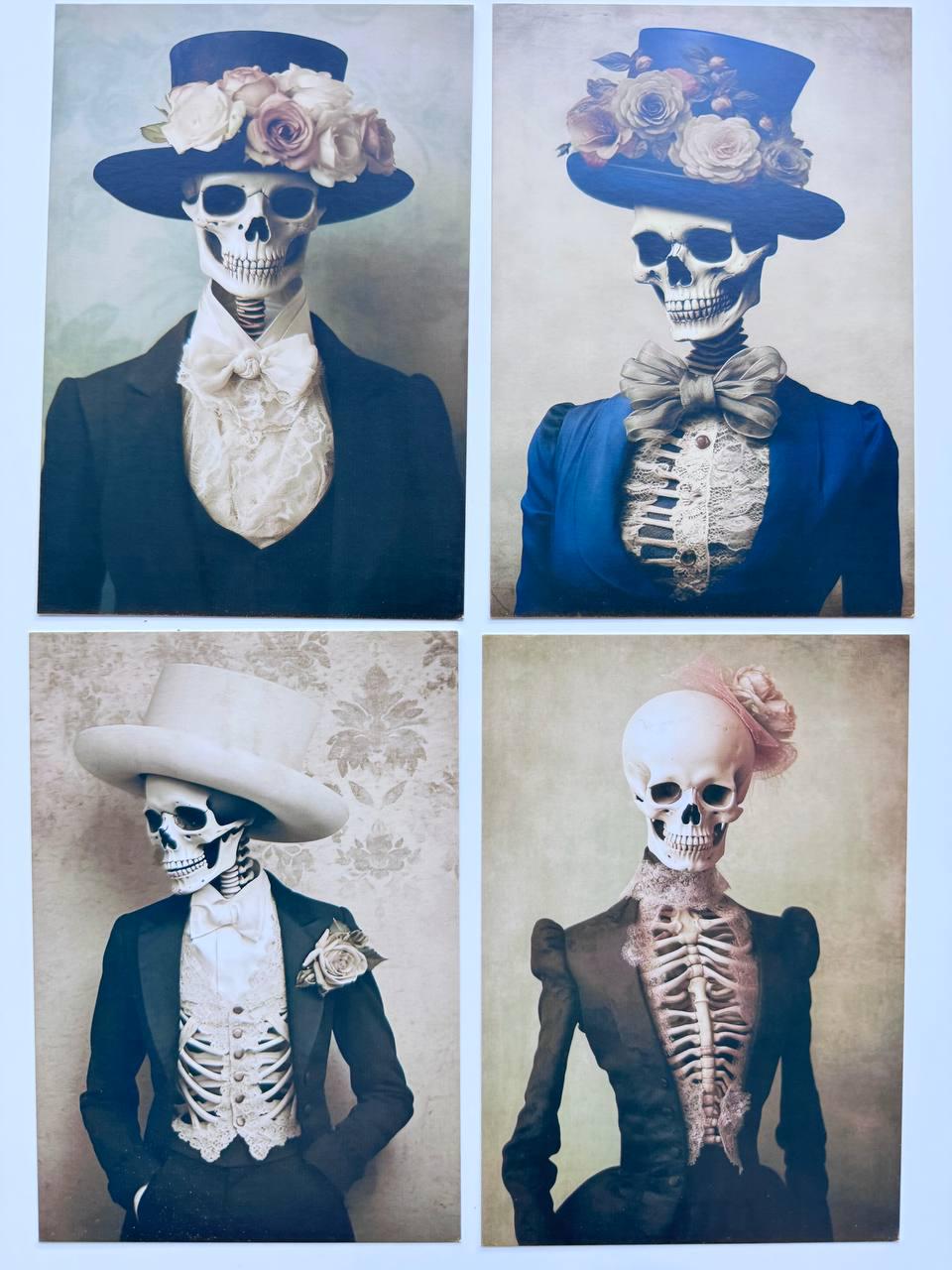 Set of 20 Gothic Skeleton Postcards, Victorian Skull Portrait Cards, Dark Halloween Ephemera, Vintage Horror Art, 14.5 x 10 cm