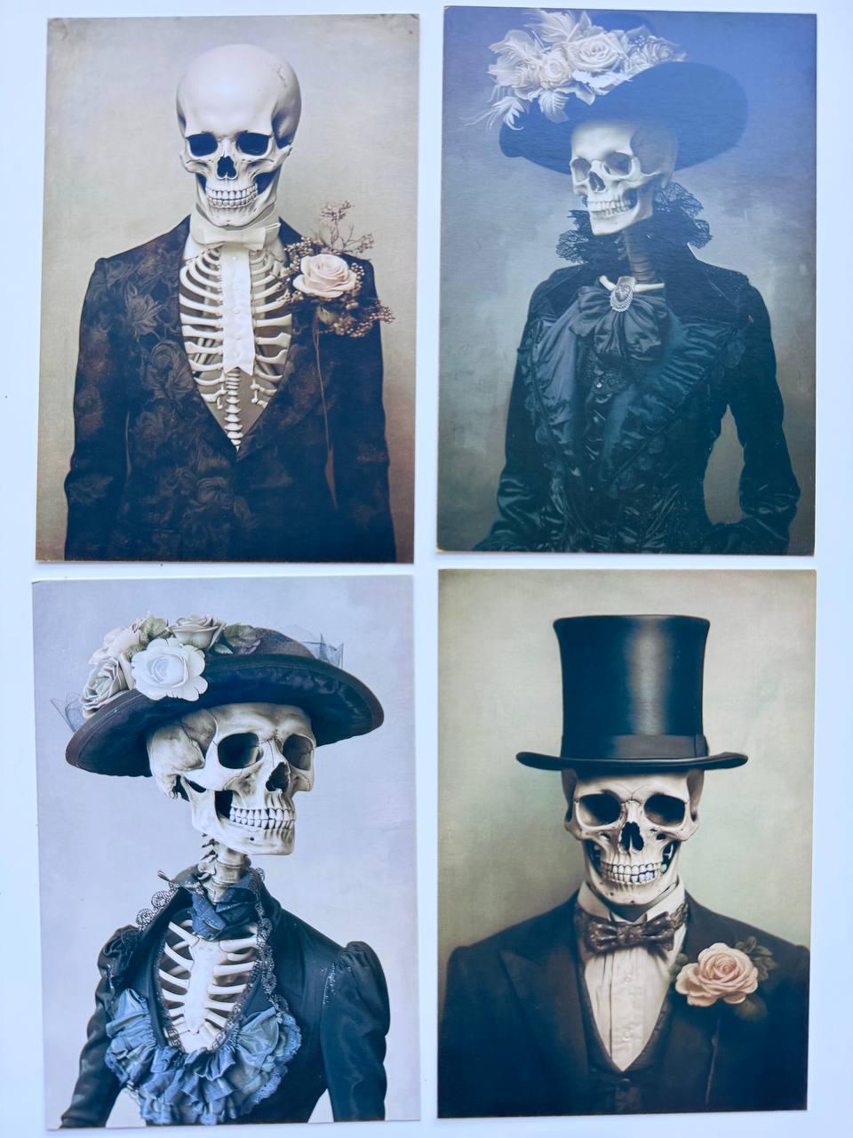Set of 20 Gothic Skeleton Postcards, Victorian Skull Portrait Cards, Dark Halloween Ephemera, Vintage Horror Art, 14.5 x 10 cm