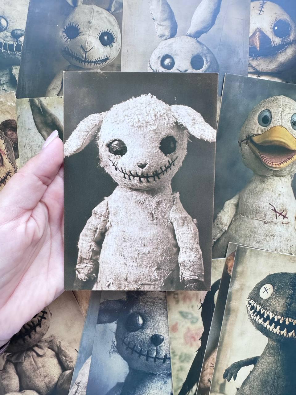 Set of 20 Creepy Doll Postcards, Gothic Halloween Cards, Stitched Animal Art, Spooky Bunny Bear Cat Prints, Junk Journal Ephemera