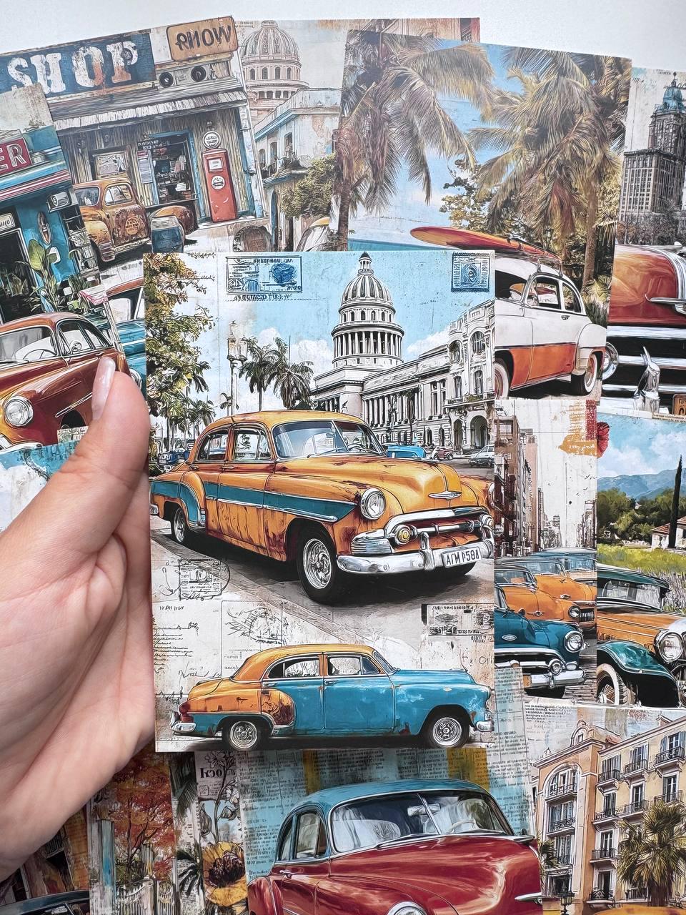Set of 20 Vintage Car Postcards, Retro Automobile & Travel Cards, Classic Cars, Junk Journal Ephemera, Scrapbooking, Collage Supplies