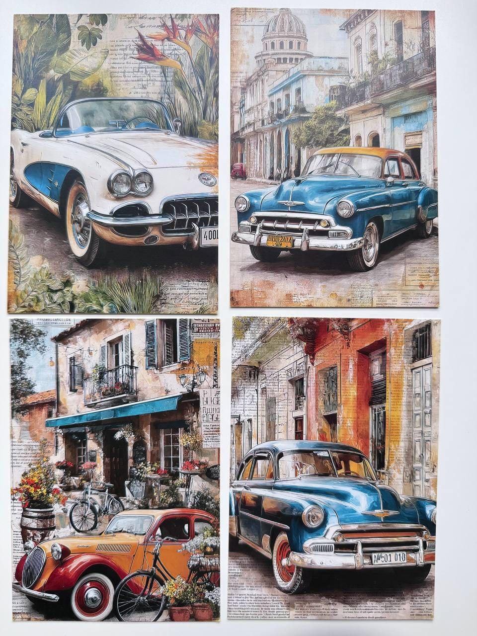 Set of 20 Vintage Car Postcards, Retro Automobile & Travel Cards, Classic Cars, Junk Journal Ephemera, Scrapbooking, Collage Supplies