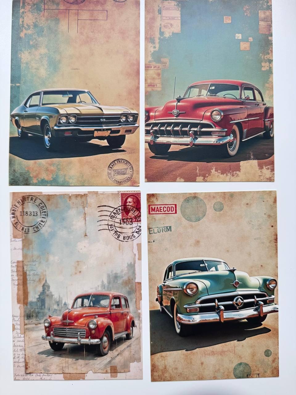Set of 20 Vintage Car Postcards, Classic Automobile Cards, Retro Racing Cars, Junk Journal Ephemera, Scrapbooking & Collage Supplies