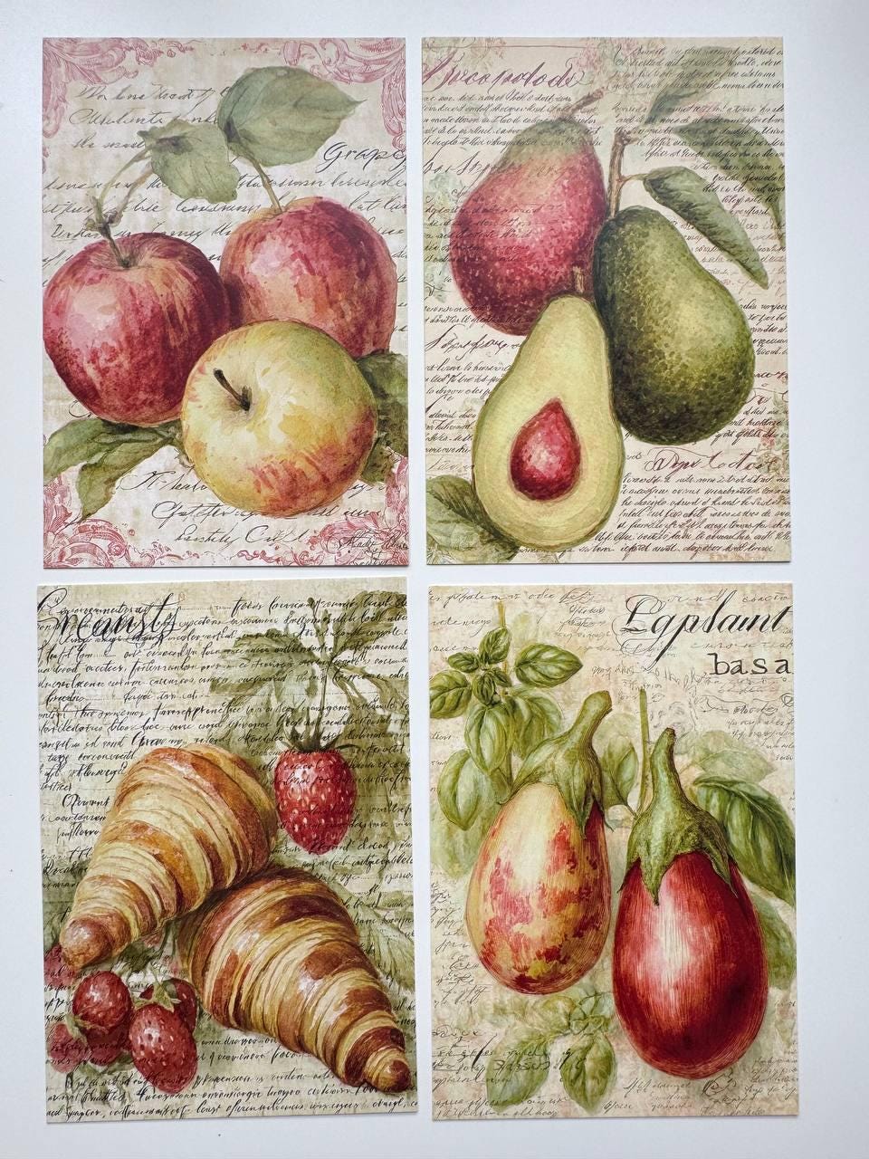 Set of 20 Vintage Fruit & Vegetable Postcards, Botanical Kitchen Cards, Rustic Food Ephemera, Junk Journal Scrapbooking, 14.5 x 10 cm