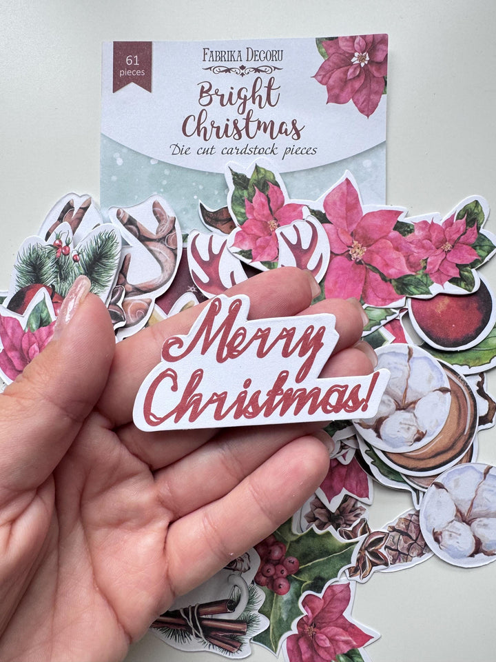 61 Christmas Die Cuts, Bright Christmas Ephemera, Poinsettia Deer Pinecones Cardstock Pieces, NOT Stickers, No Adhesive