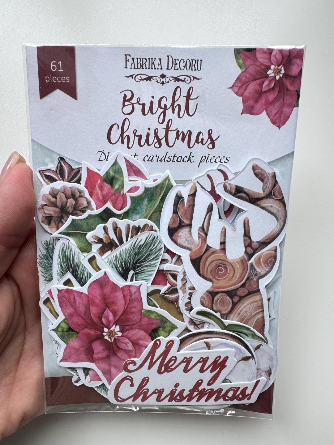 61 Christmas Die Cuts, Bright Christmas Ephemera, Poinsettia Deer Pinecones Cardstock Pieces, NOT Stickers, No Adhesive