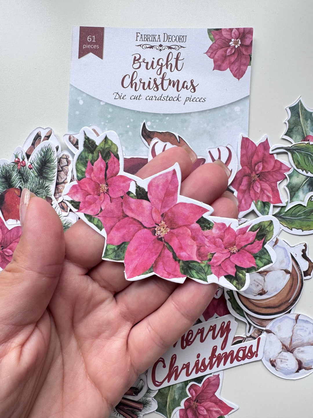 61 Christmas Die Cuts, Bright Christmas Ephemera, Poinsettia Deer Pinecones Cardstock Pieces, NOT Stickers, No Adhesive