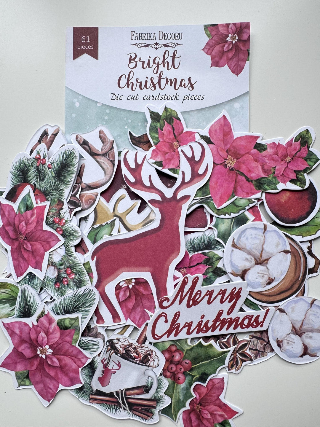 61 Christmas Die Cuts, Bright Christmas Ephemera, Poinsettia Deer Pinecones Cardstock Pieces, NOT Stickers, No Adhesive