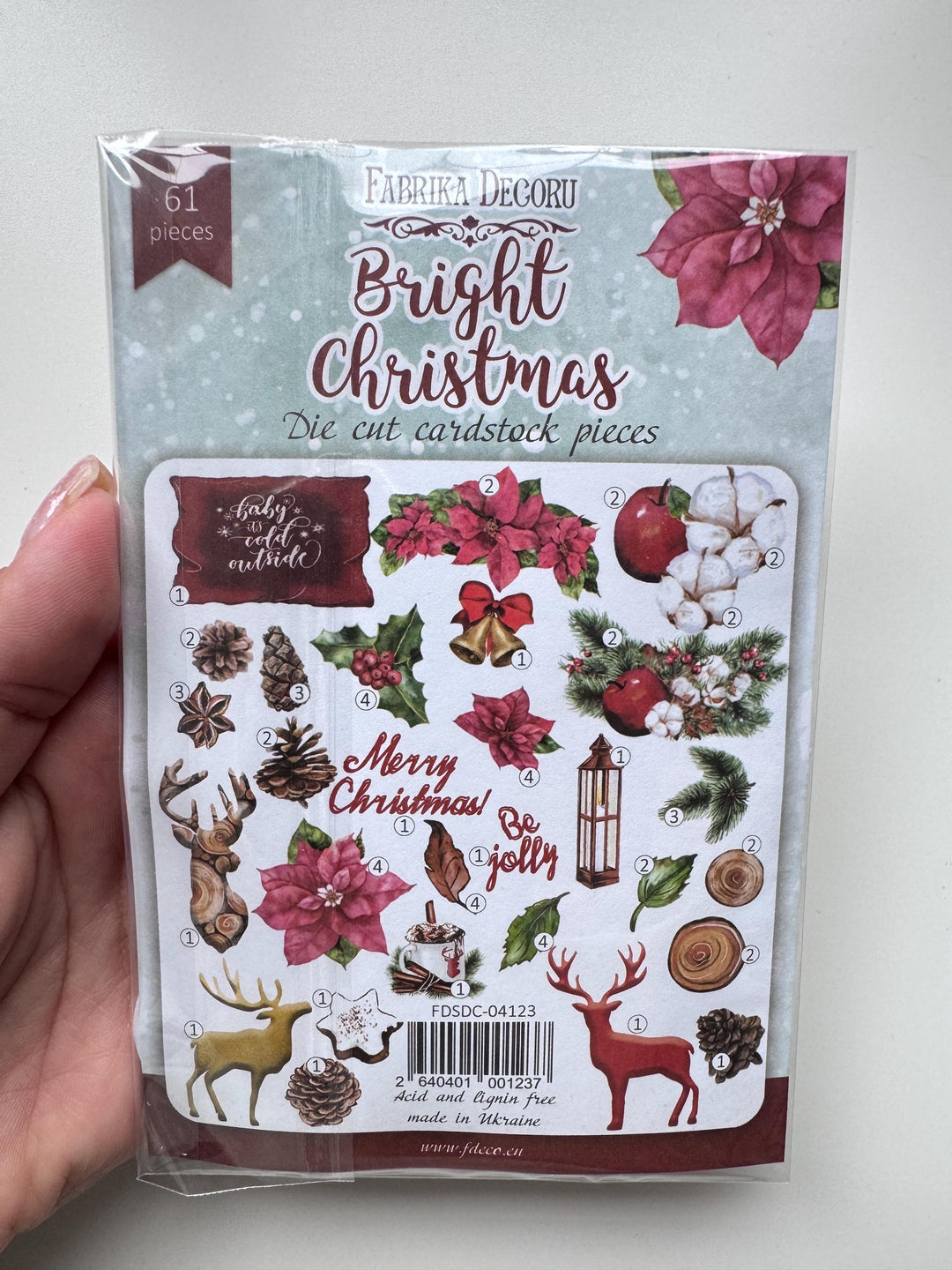 61 Christmas Die Cuts, Bright Christmas Ephemera, Poinsettia Deer Pinecones Cardstock Pieces, NOT Stickers, No Adhesive