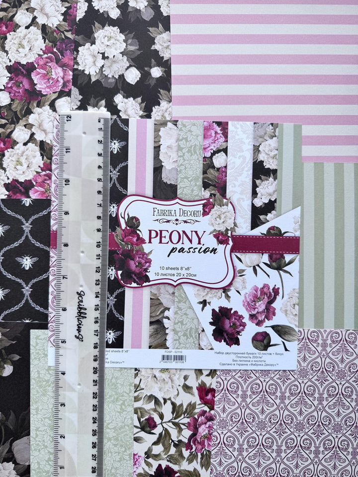 Peony Passion Scrapbook Paper 8x8, Floral Peony Paper, 10 Double Sided Sheets, Vintage Flowers, Junk Journal & Card Making