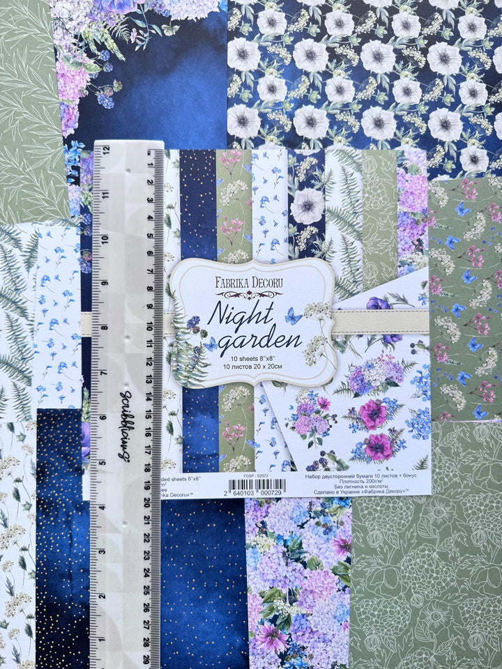 Night Garden Scrapbook Paper 8x8, Double Sided Floral Botanical Paper, Junk Journal Card Making Craft Supplies