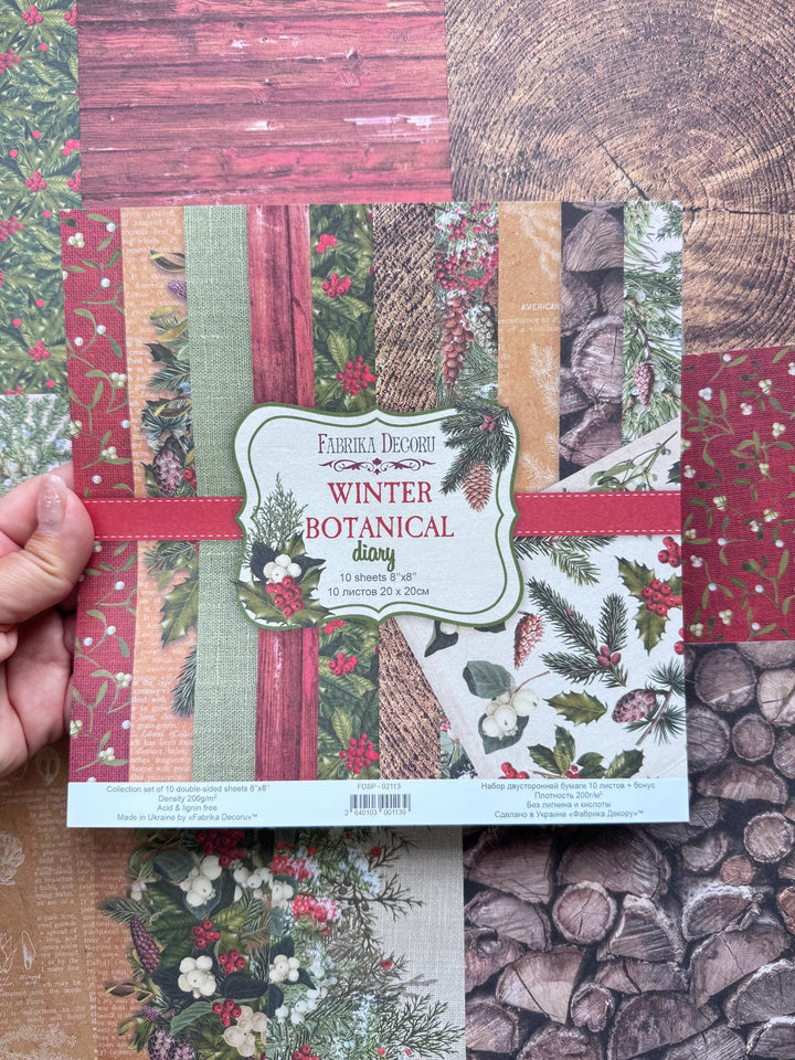 Winter Botanical Diary Scrapbook Paper 8x8, Double Sided Christmas Paper, Junk Journal Card Making Craft Supplies