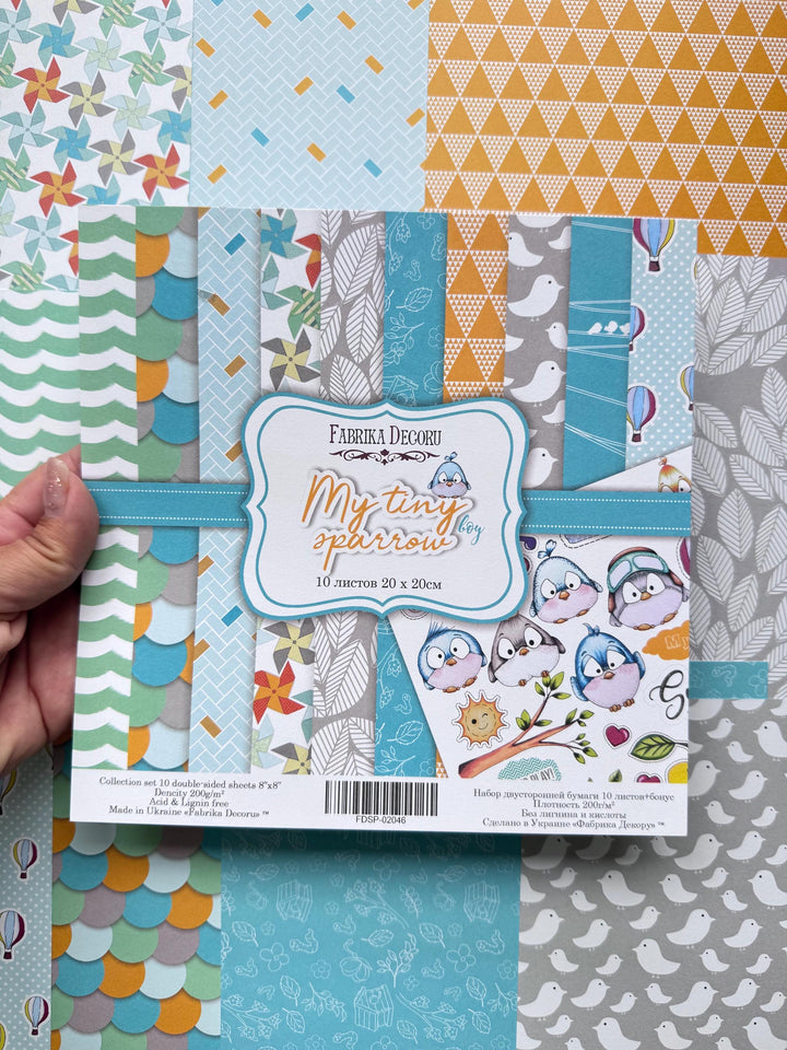 My Tiny Sparrow Boy Scrapbook Paper 8x8 Inch, 10 Double Sided Sheets, Baby Boy Craft Paper, Junk Journal, Card Making Supplies