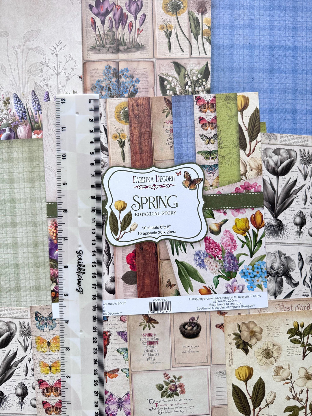 Spring Botanical Story Scrapbook Paper 8x8, 10 Double Sided Sheets, Floral Vintage Paper, Junk Journal Supplies