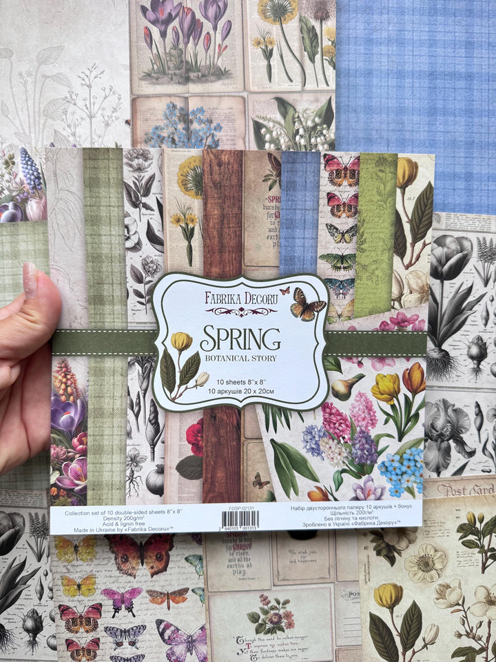 Spring Botanical Story Scrapbook Paper 8x8, 10 Double Sided Sheets, Floral Vintage Paper, Junk Journal Supplies