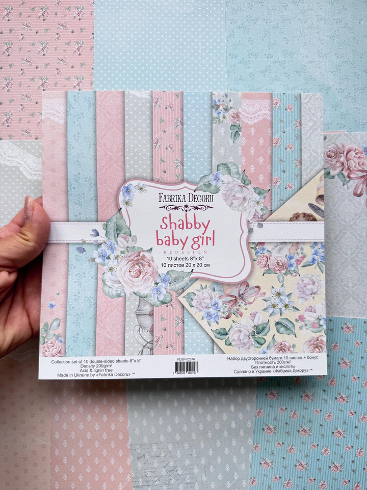 Shabby Baby Girl Scrapbook Paper 8x8 Inch, 10 Double Sided Sheets, Floral Baby Paper, Junk Journal, Card Making Supplies
