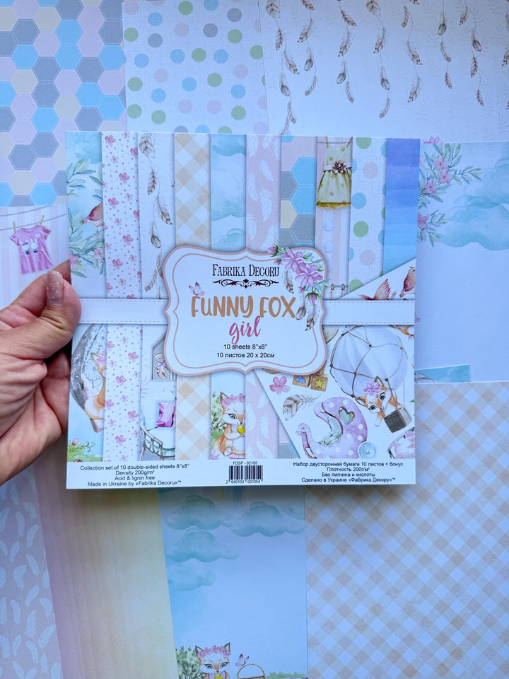 Funny Fox Girl Scrapbook Paper 8x8, 10 Double Sided Sheets, Cute Fox Paper, Baby Girl Album, Junk Journal, Card Making